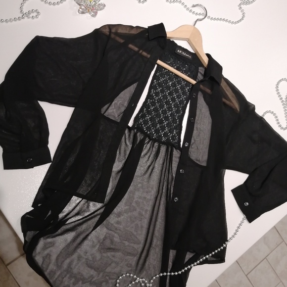 AKIRA BLACKLABEL Sheer Button Up w/Lace Open Back - Picture 6 of 6